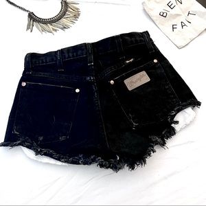 {wrangler} black high-rise ripped denim shorts